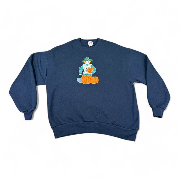 Vintage Halloween Sweater Adult LARGE Blue Skeleton Scarecrow Scary Creepy 90s - Picture 1 of 6